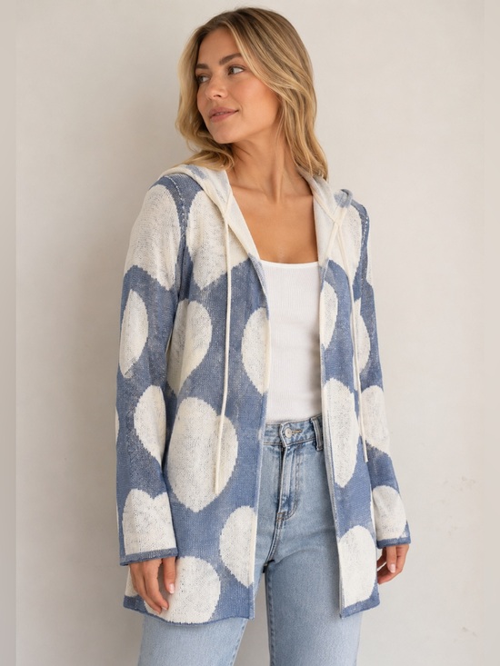 FDJ Tops - Y2K Heart Print Hooded Knit Top | Open Front Lightweight Sweater · FDJ